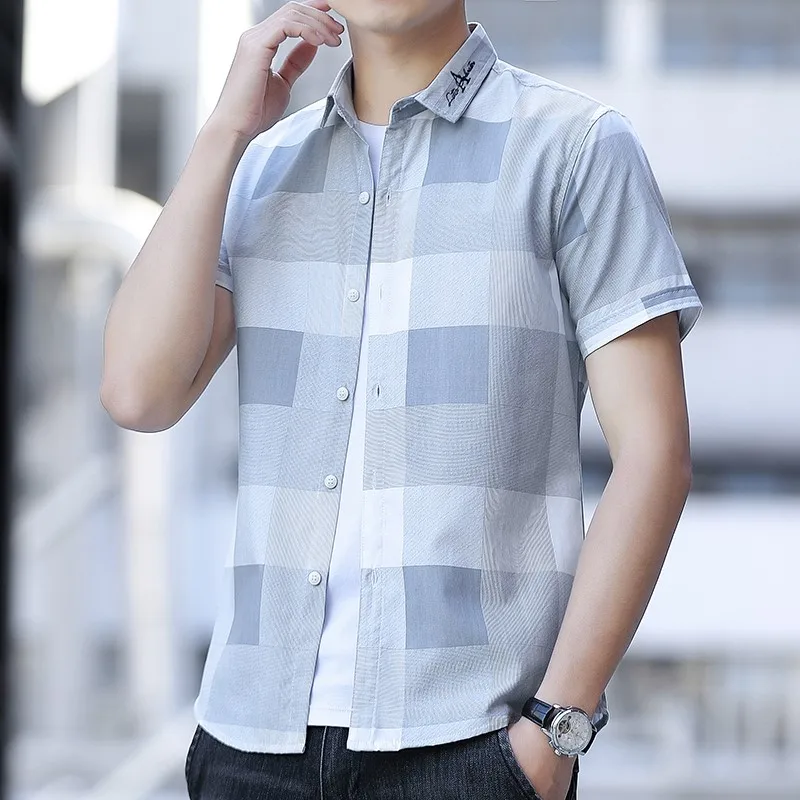 Summer Men Short-sleeved Shirt Korean Version Slim Fashion Handsome Casual Plaid Shirt High Quality Top
