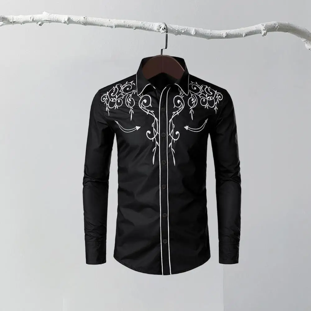 Shirt Top Embroidered Western Cowboy Shirt with Slim Fit Lapel Collar Single-breasted Design for Men Casual Long Sleeve Top