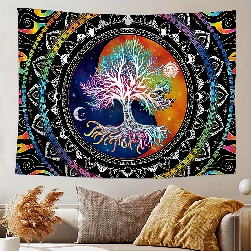 Tapestry Decor 1Pcs 75x58cm Tree of Life Tapestry BlackLight Sun Moon Stars Galaxy Colorful Hippie Psychedelic Bedroom Dorm Decor Aesthetic