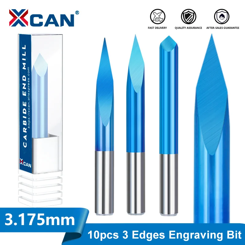 XCAN Frez grawerski piramidowy 3.175mm Shank 3 Edge 10pcs, frez z węglika spiekanego 20 90 stopni końcówka 0.1 0.3mm CNC router do frezowania