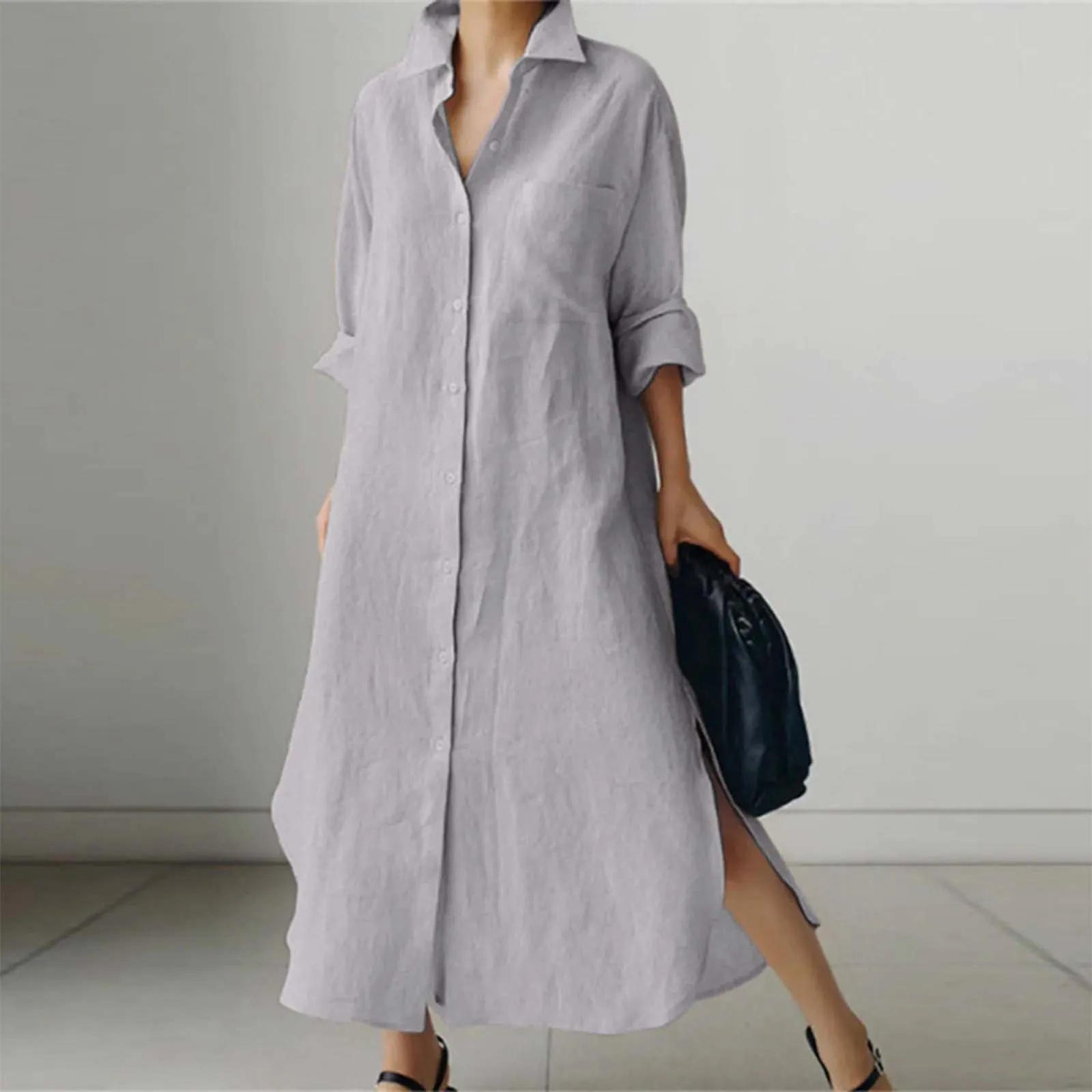 

Summer Ladies Casual Oversized Vestidos Long Sleeve Cardigan Dress With Asymmetrical Hem And High Slit Maxi Skirt