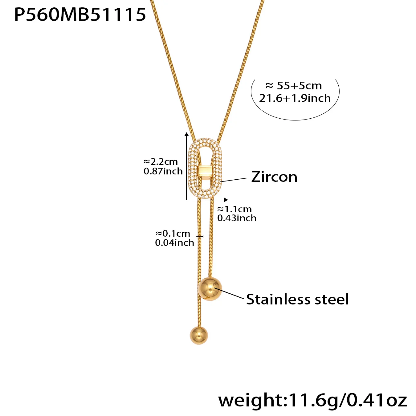 60 cm Neue Ankunft Oval Shiny Zirkon Einstellbare Halskette Für Frauen Edelstahl 18 Karat Vergoldet Ball Anhänger Halskette schmuck – Detail 1