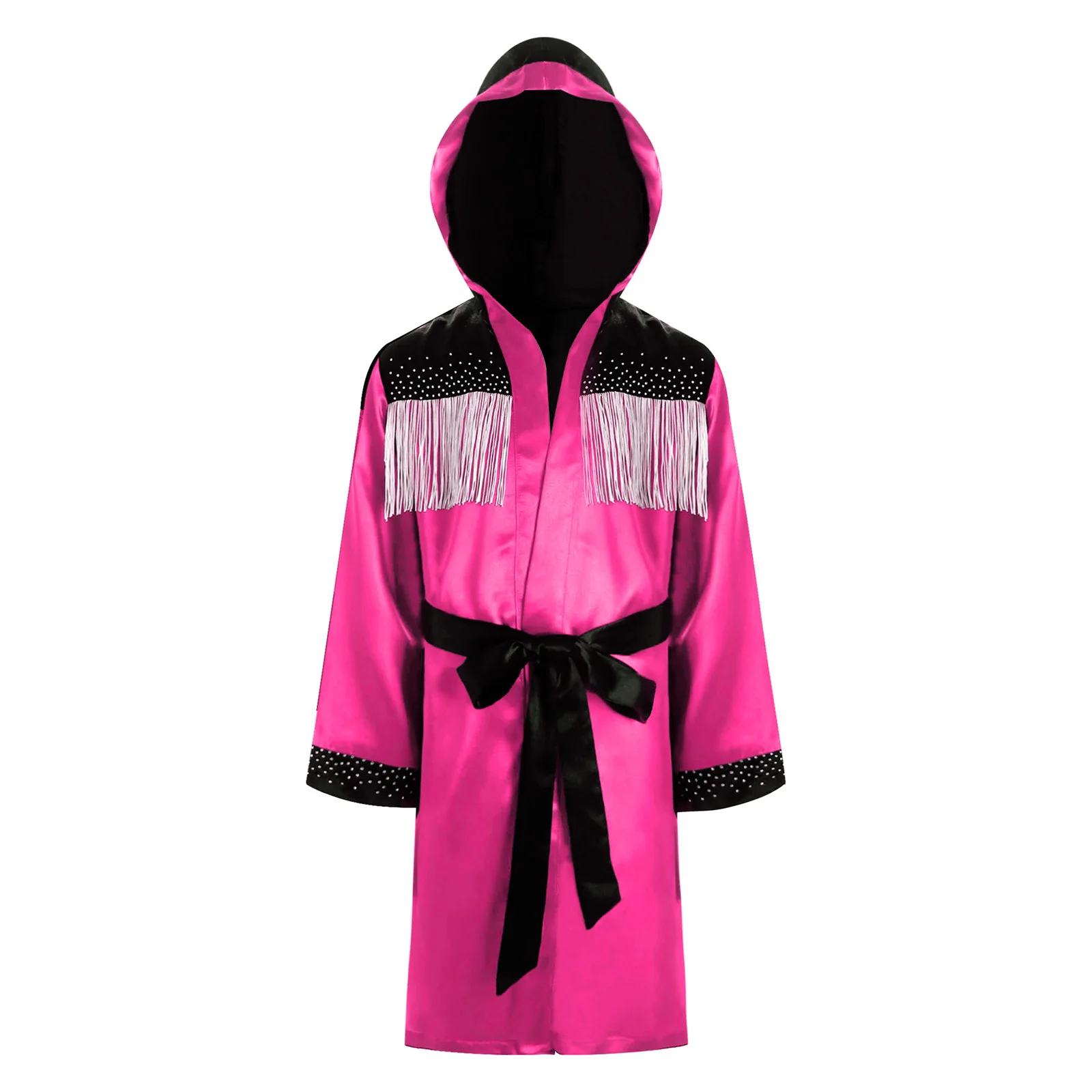 Boxing Robe Kids Boys Girls Thai Kickboxing Costume Tassel Hoodie Cloak Satin Hooded Robe with Belt for Jiu Jitsu Fighting Wear