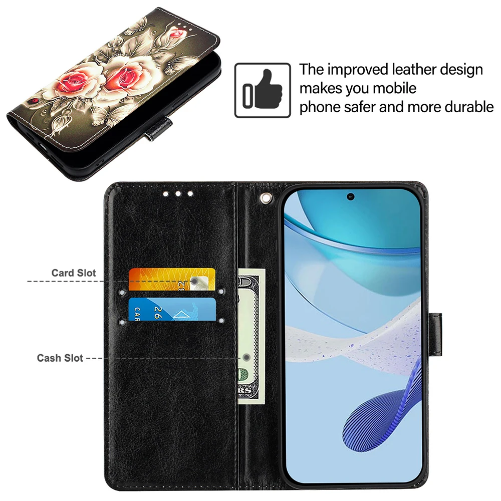 Chic Painted PU Leather Flip Phone Case with Wallet Stand and Card Holder Strap