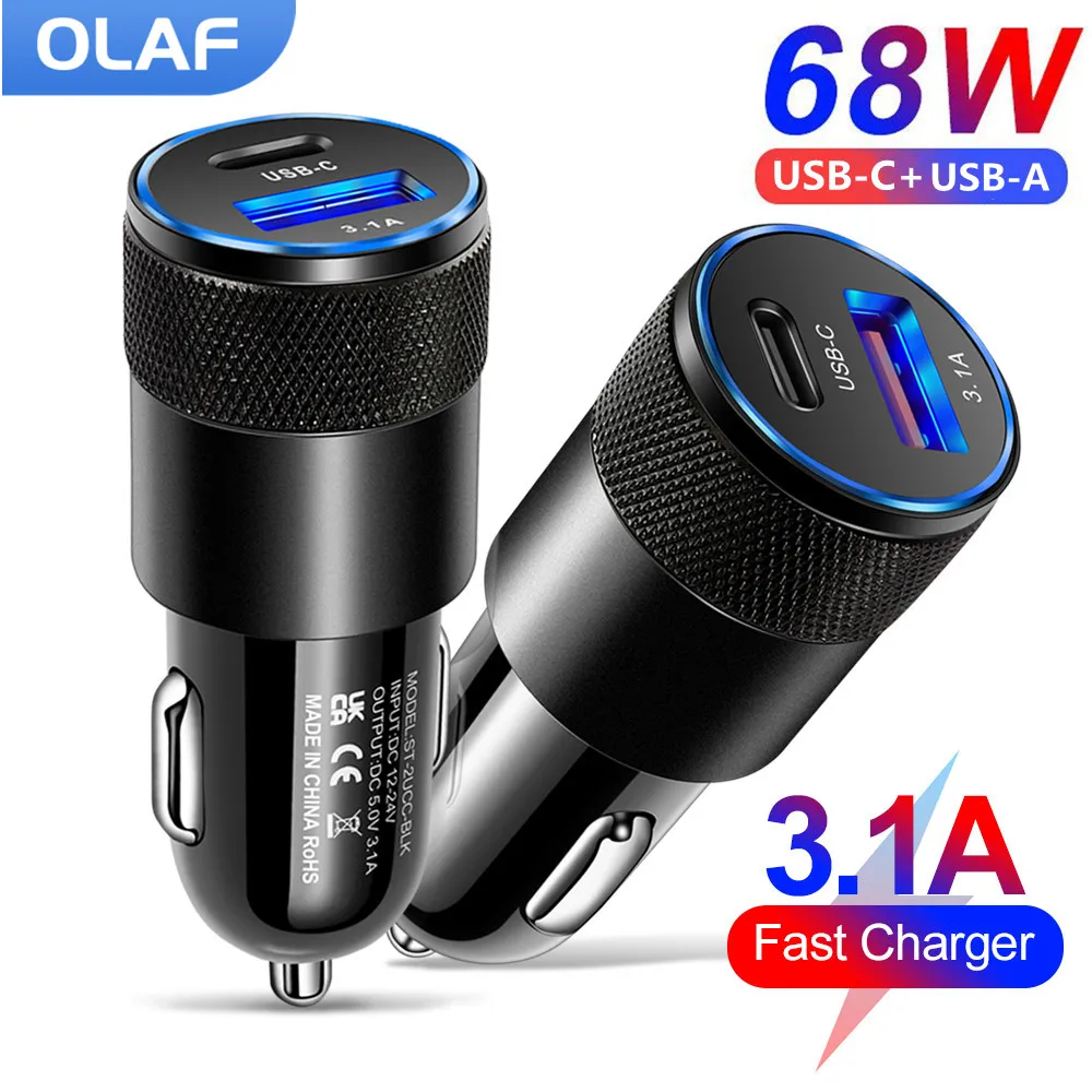 68W PD Car Charger USB Type C Fast Charging Phone Adapter for iPhone 13 12 Xiaomi Huawei Samsung S21 S22 Quick Charge 3.0