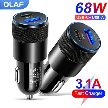 68W PD Car Charger USB Type C Fast Charging Car Phone Adapter for iPhone 13 12 Xiaomi Huawei Samsung S21 S22 Quick Charge 3.0 1