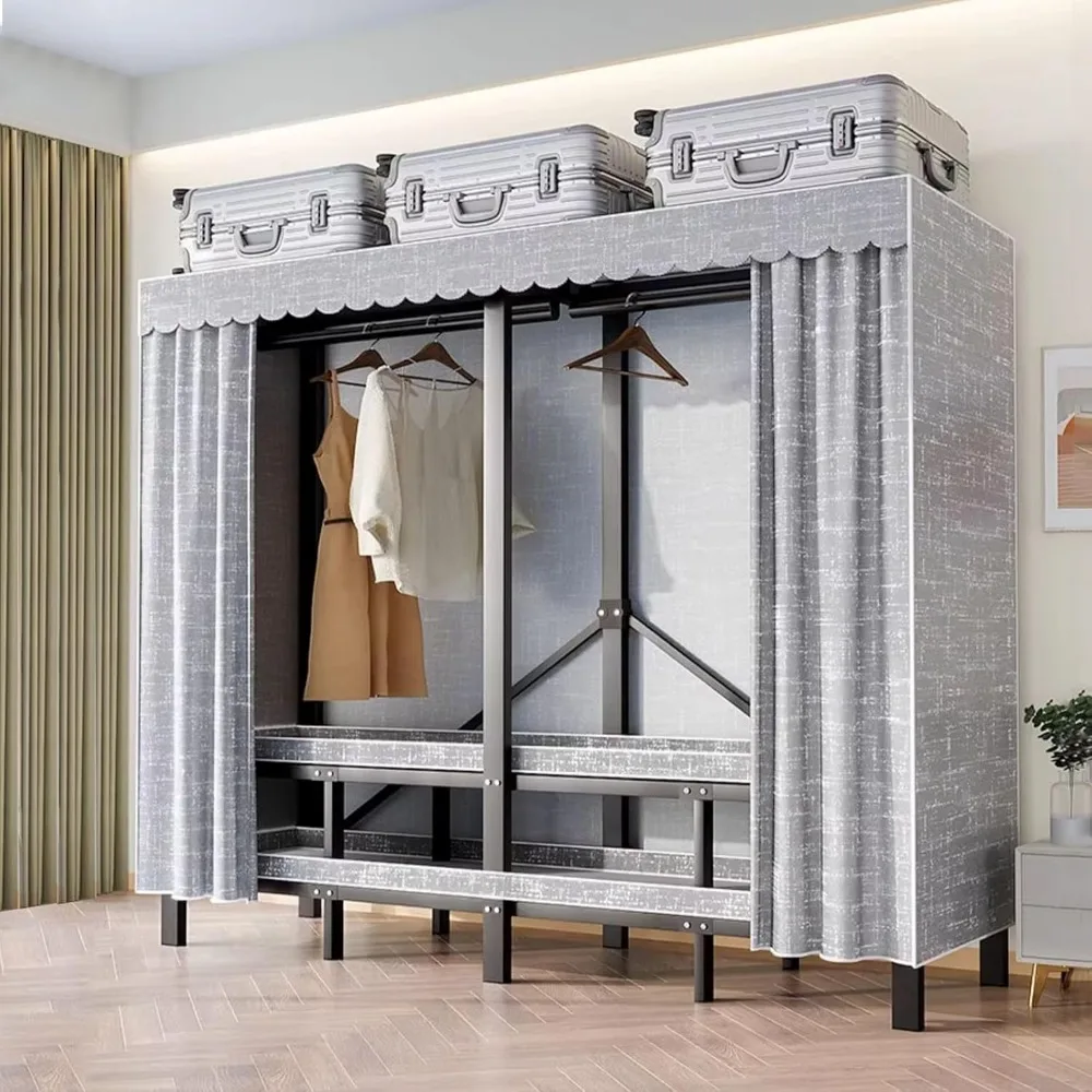 Portable Wardrobe Closet Rack,1100lbs,Heavy-Duty Foldable Garment Rack With Cover，Freestanding Clothes Organizer, Wardrobes 3