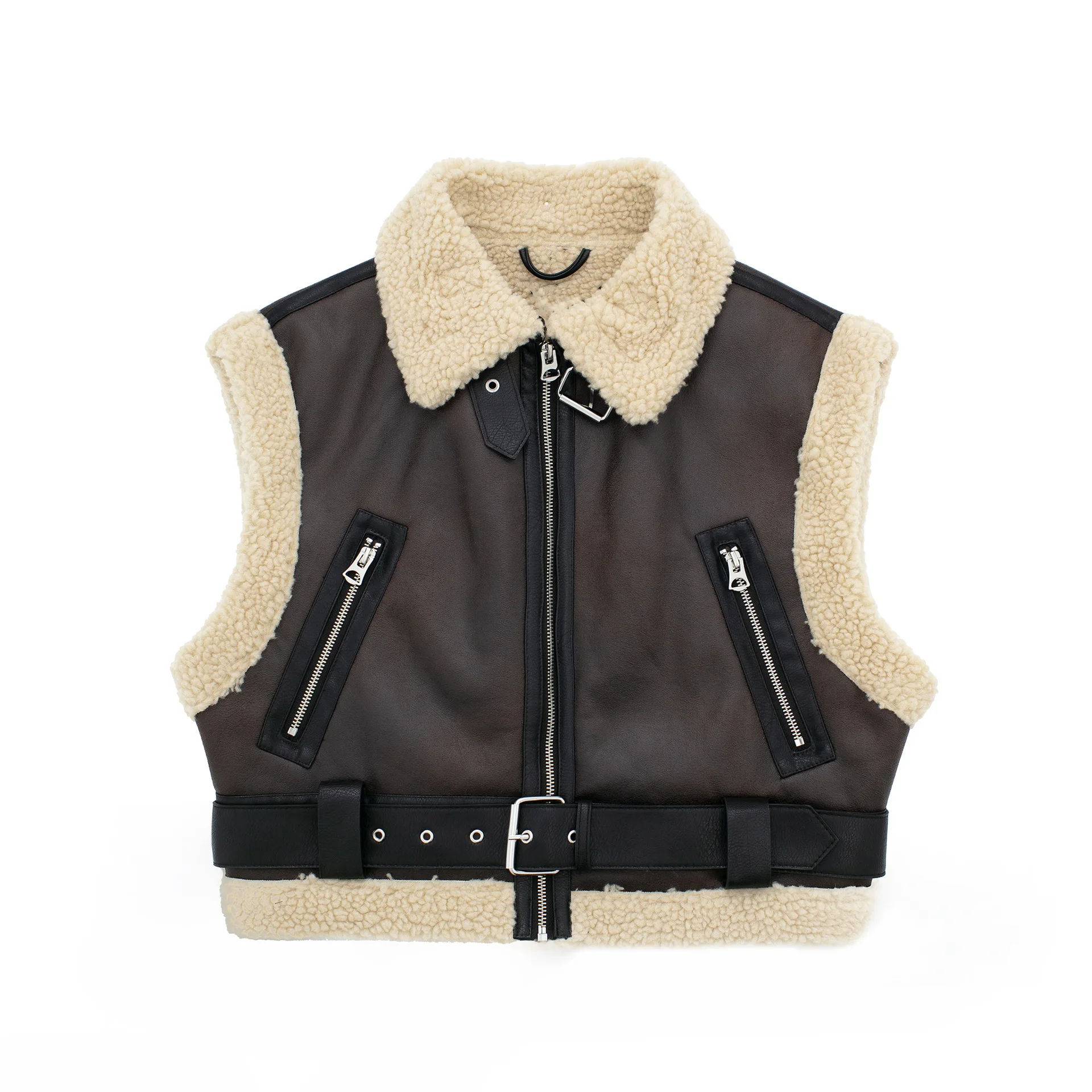 

2023 Women's Fashion Belted Faux Sheepskin Coat Winter Short Faux Leather Vest Women's Wool Sleeveless Vest