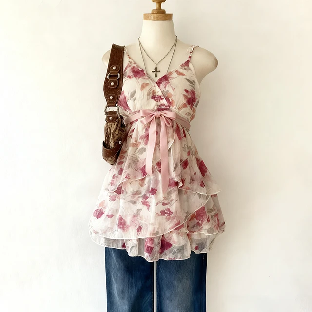 Haut caraco rétro Harajuku pour femmes, Sexy, Slim, Chic, imprimé Floral, Design en dentelle, haut court, esthétique Y2K, mode féminine, Streetwear 1