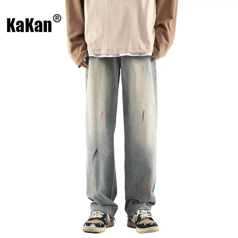 Kakan - Spring/Summer New Vintage Washed Old Jeans Men's Wear, Straight Loose Lacquered Long Jeans K024-LQS931