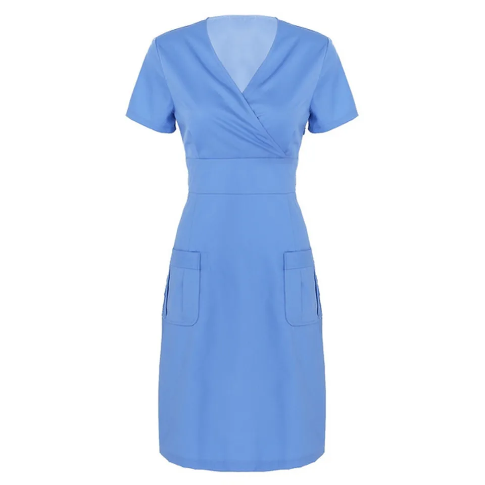 Women Casual Nurse Uniform Dress Short Sleeve