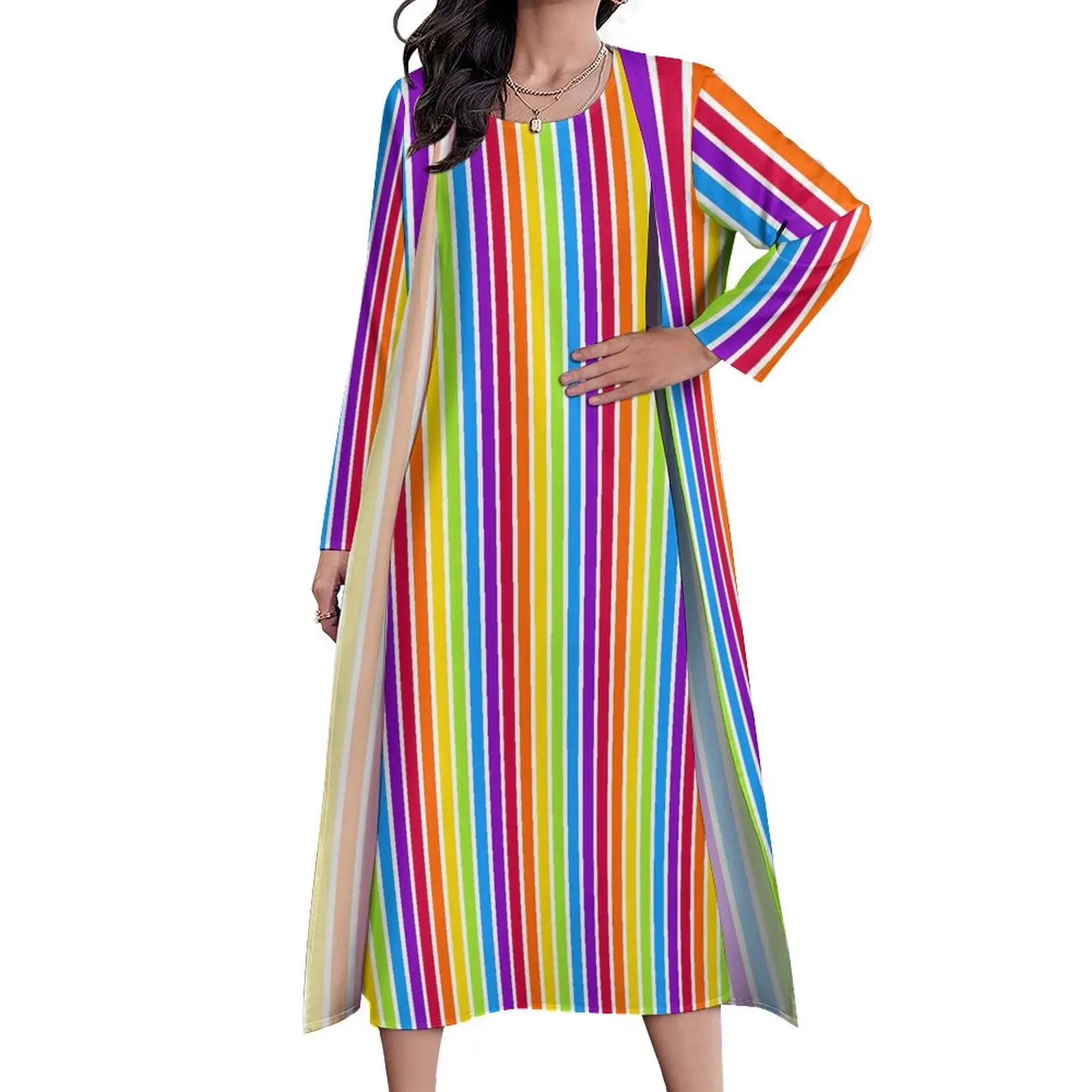 

Rainbow Stripes Dress Bright Colorful Elegant Maxi Dress Two Piece Custom Bohemia Long Dresses Streetwear Oversized Clothes
