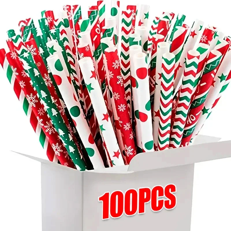 25100Pcs Christmas Kraft Paper Straw Colorful Print Disposable Paper Drinking Straws Xmas New Year Party Home Decor Supplies disposable paper straws