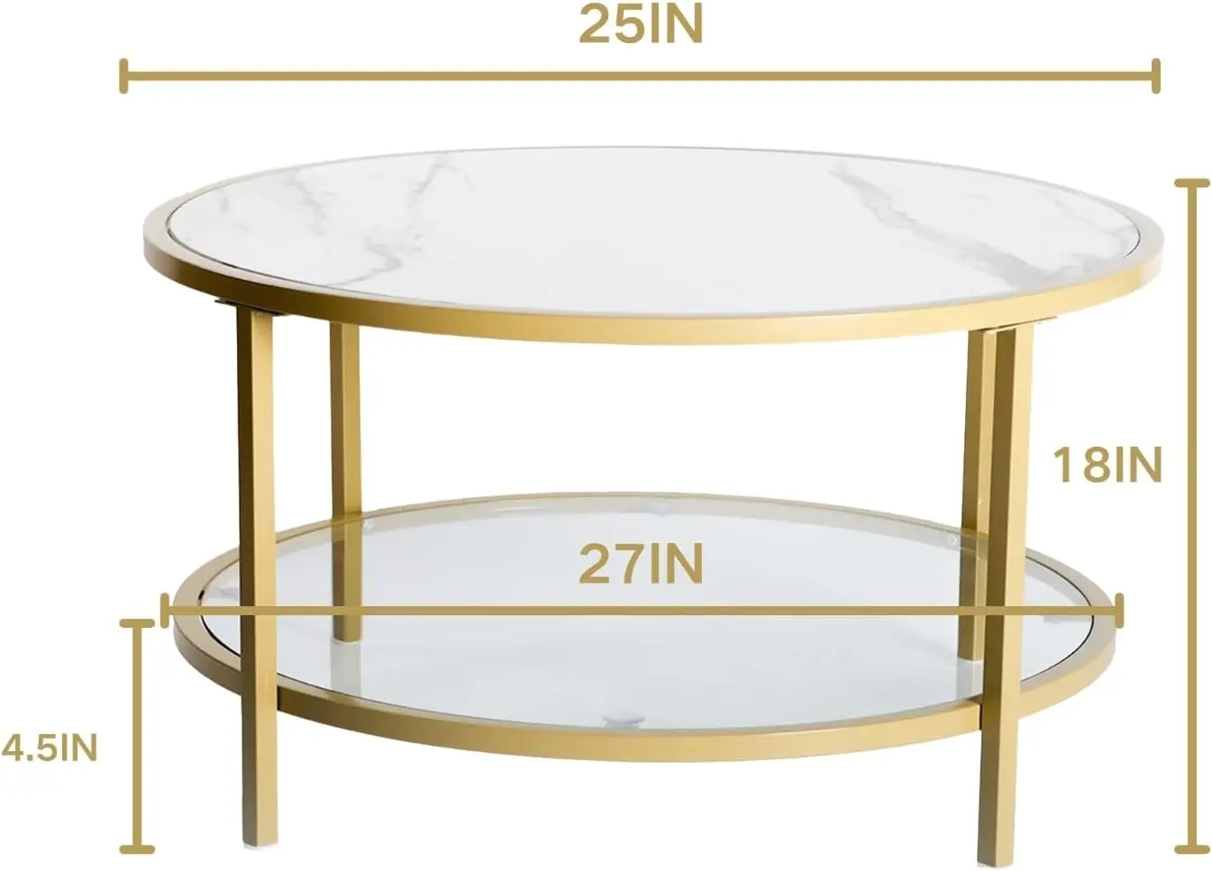 Coffee Table, Small Round Coffee Table with Faux Marble Top and Glass Storage Shelf, 2-Tier Circle Center Table for Living Room 3