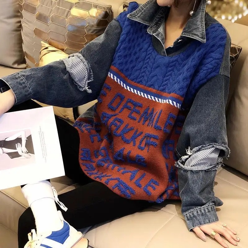 

New Retro Women Sweaters Denim Jacket Pullover Korean Fashion Knit Coats Oversized Sweater Y2k Tops Luxury Designer Clothing