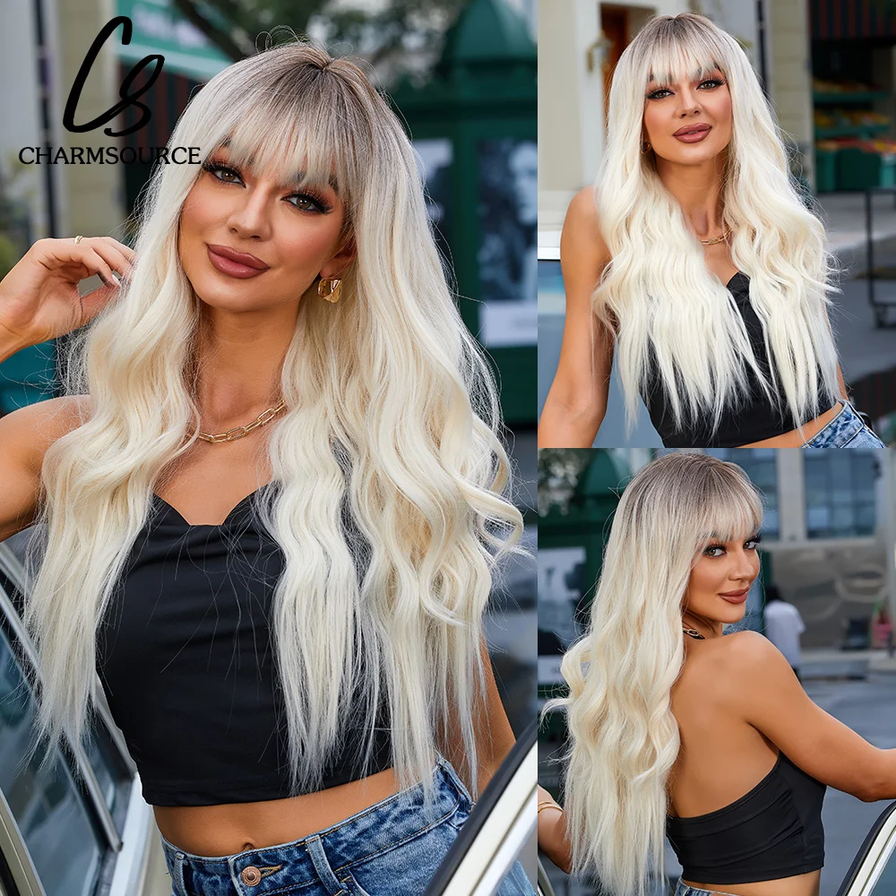 Long Natural Wavy Hair with Neat Bangs Ombre Brown to Platinum Wig Dark Roots Synthetic Wigs  For Women Daily Party Cosplay Use