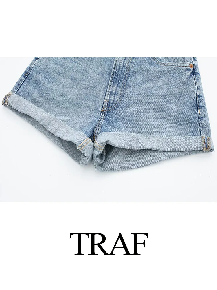 TRAF Summer Fashion Women's Elegant Slim Back Pocket Button Decorate Jeans Woman's Casual Street Style Multicolor Denim Shorts images - 6