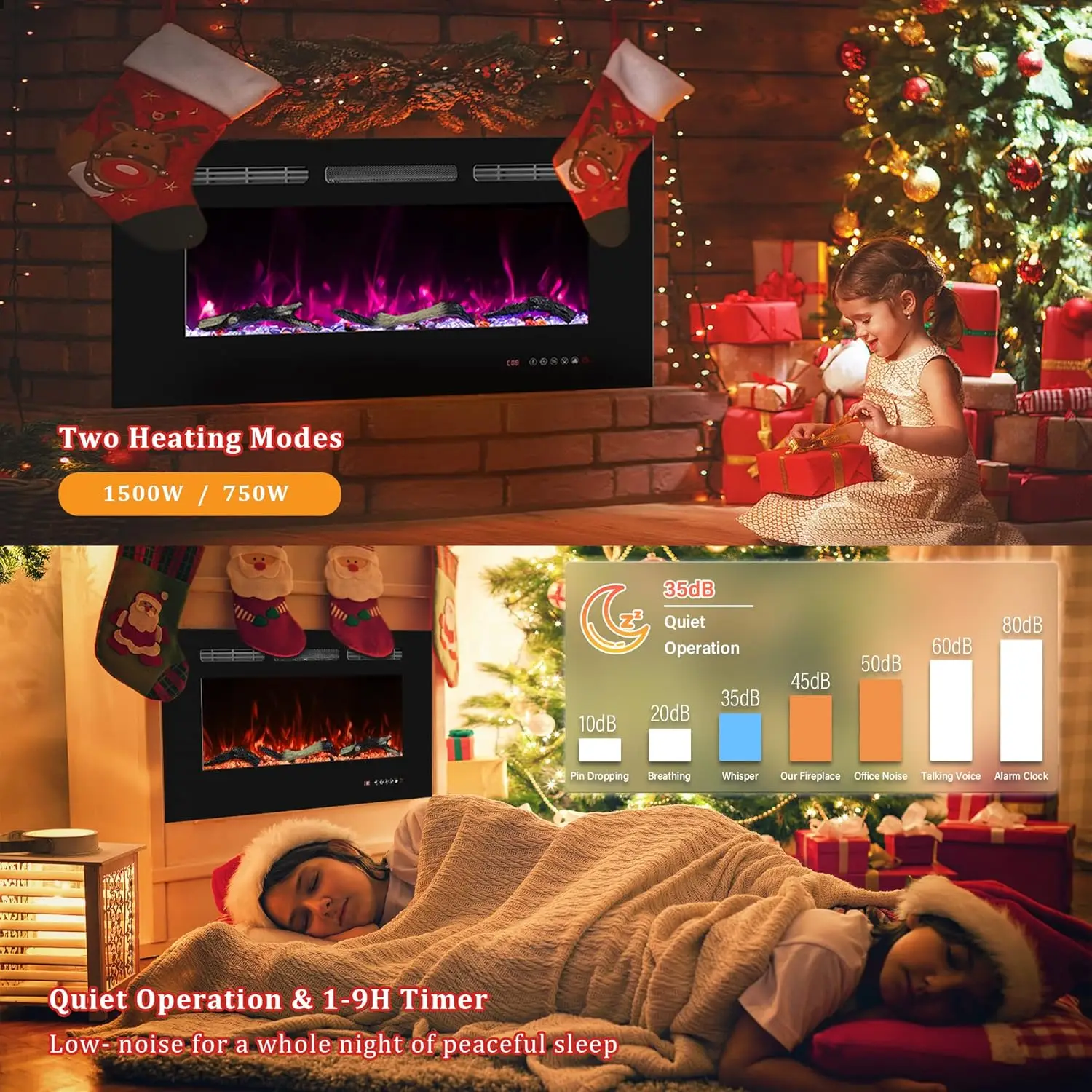 Fireplace 42 inch Wide, Wall Mounted Fireplace Inserts Electric Heater, 13 * 13 Flame Effects Like Real Flame, Low Nois