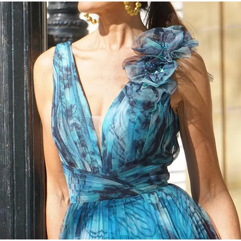 3D Floral High Neck Sleeveless Maxi Dress