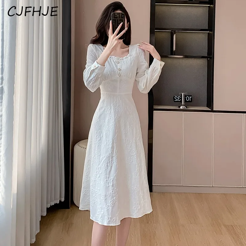 

CJFHJE Spring Fashion Women's Square Neck Jacquard Style Waist Wrapped Dress French Elegance Women Solid Color Mid Length Dress