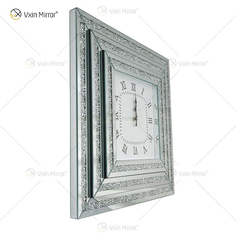 Mirrored Clock WXMC-078 Crushed Diamond Silver Wall Decor Elegant square Clock 3