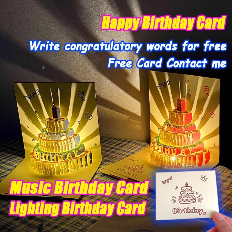 3D Music Light Happy Birthday Party Gift Card For Girl Kids Wife Husband Birthday Cake Pop-Up Greeting Cards Postcards