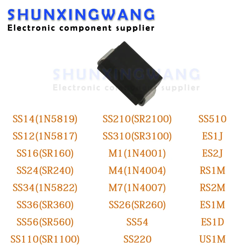 100pcs-1N5819-1N4007-SS14-SS12-SS16-SS24-SS34-SS36-SS56-SS110-SS210 ...