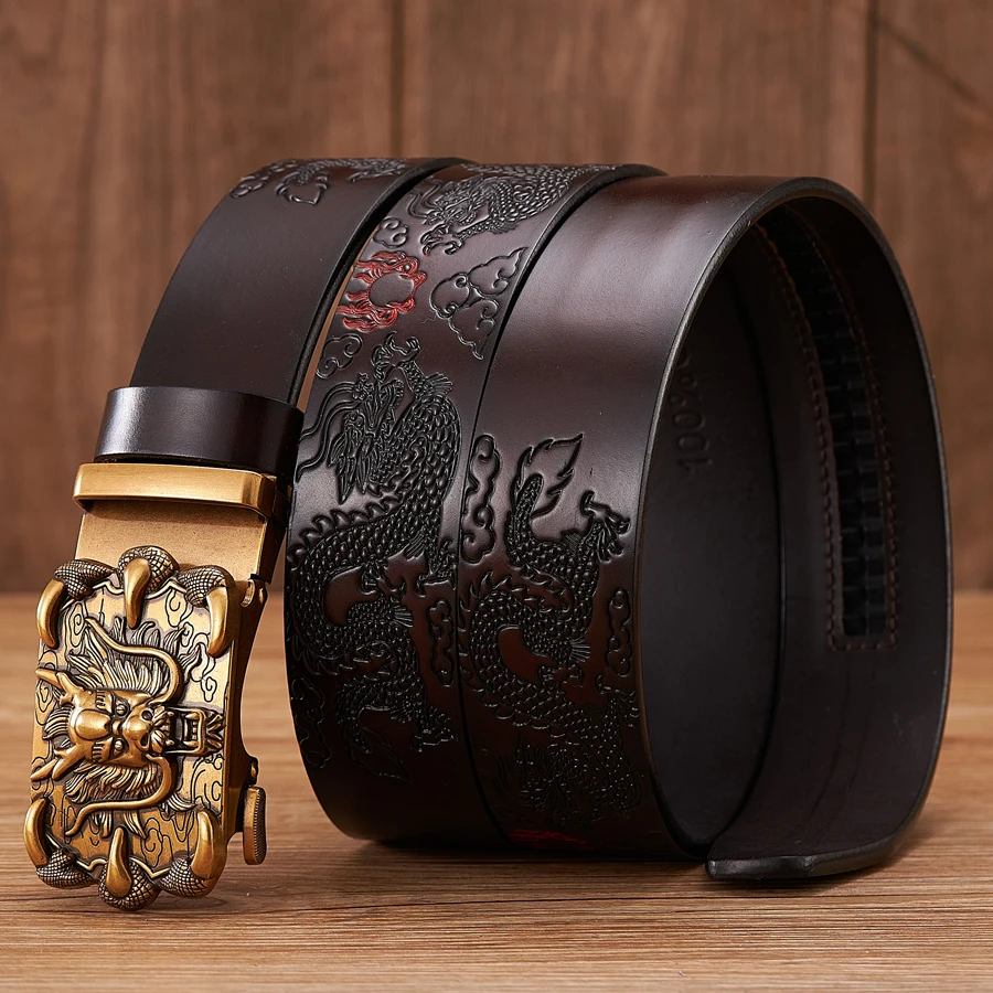 Male Genuine Leather Belts Casual Ratchet Belt with Automatic Buckle Luxury Design Dragon Pattern Belts for Business Men Strap 