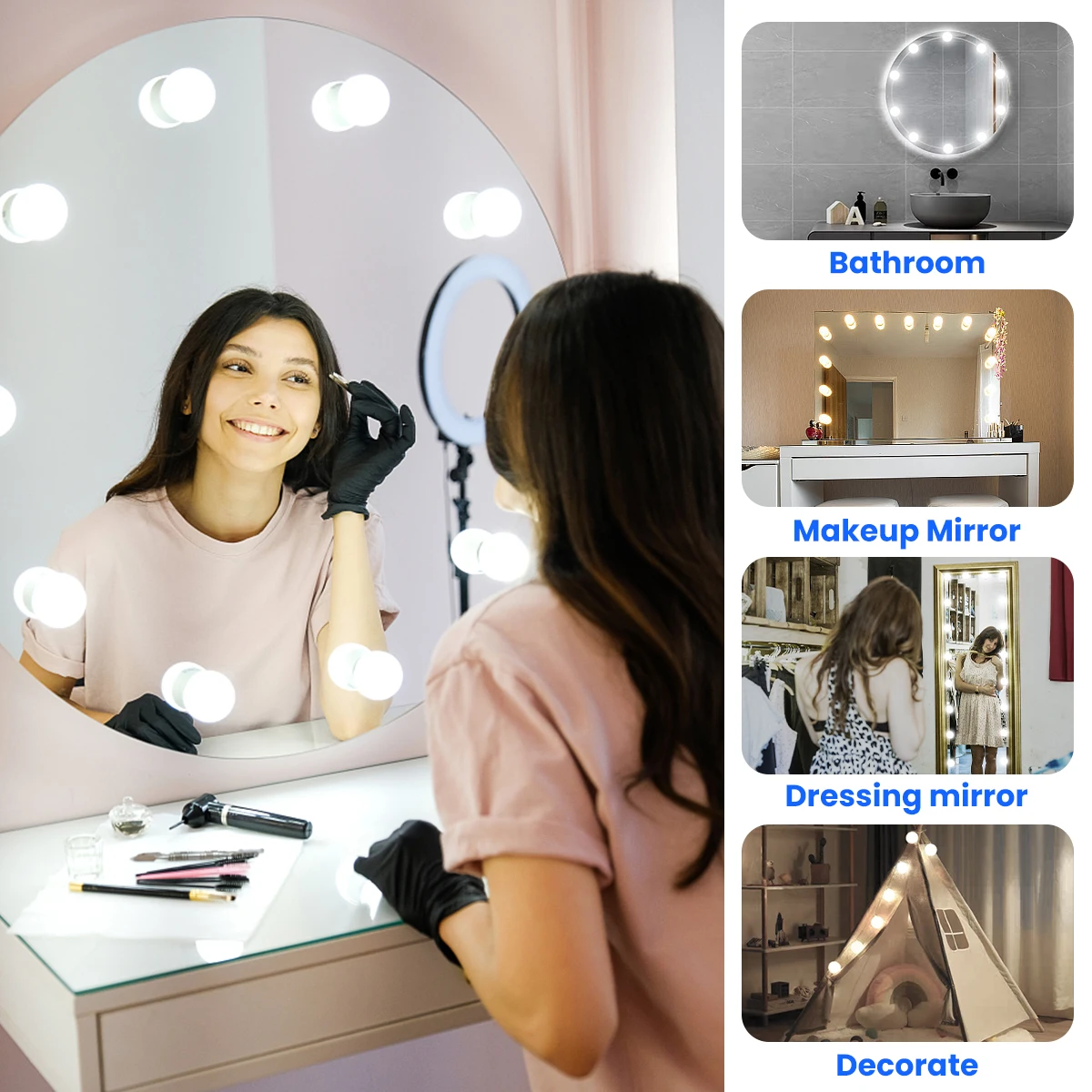 LED Vanity Lights Strip Kit 10 Dimmable Bulbs, 3 Color Modes & 10 Adjustable Brightness, USB Line for Body Makeup Bathroom Wall