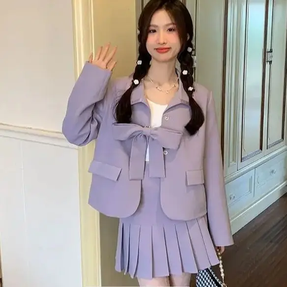 Women Skirt Sets Lace Up Bow Tie Blazer+High Waist Pleated Skirt Solid Color Temperament Sweet Commute Two Piece Lady Clothing
