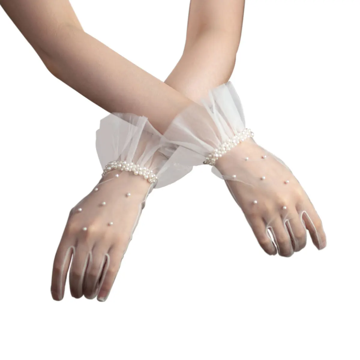 Wedding Bridal Gloves Tulle Ruffled Edge Pearls Beading Short Wrist Brides Bridesmaid Finger Gloves wedding dress gloves,wedding sleeve accessories