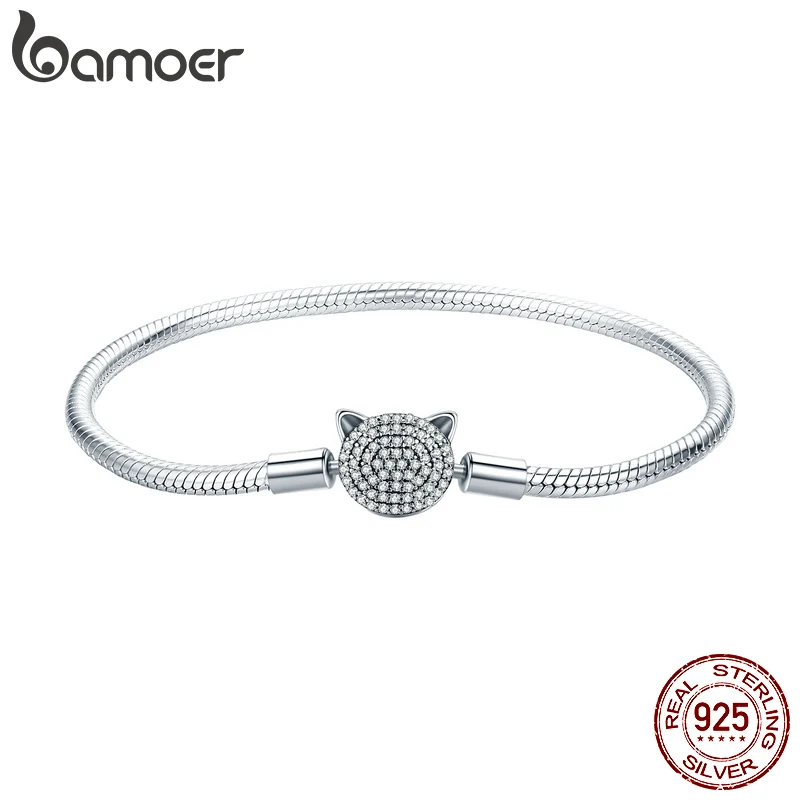 

Bamoer 100% 925 Sterling Silver Glittering CZ Cute Cat Snake Chain Bracelet for Women Charm and Bead DIY Fine Jewelry SCB053