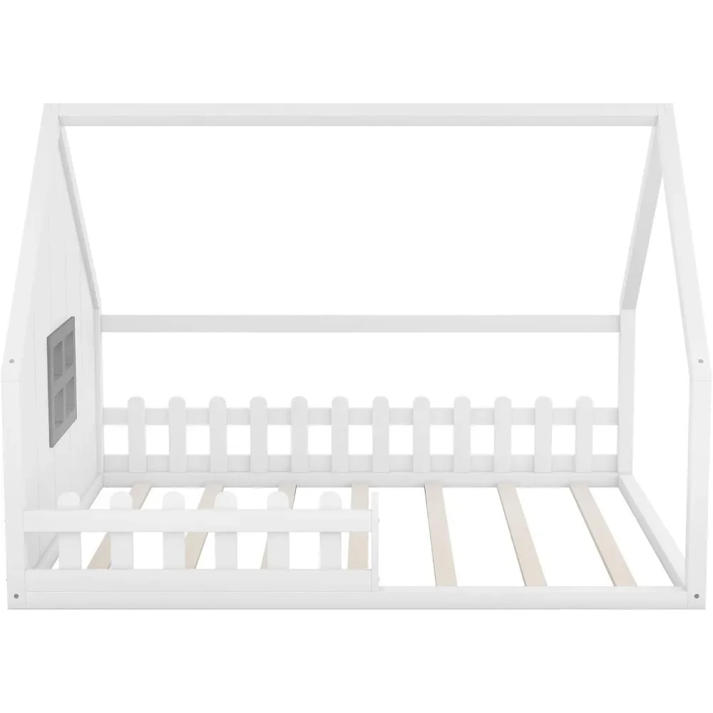 House Bed for Kids Full Montessori Floor Bed Wood Frame with Rails and Window, No Box Spring Needed, for Kids Teens Girls Boys 5