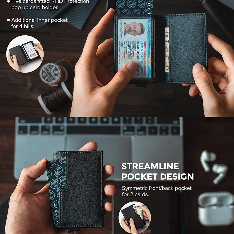 Black Small Wallets Credit Card Holder Case Double ID Window RFID Blocking Automatic Leather Wallet for Cards Notes