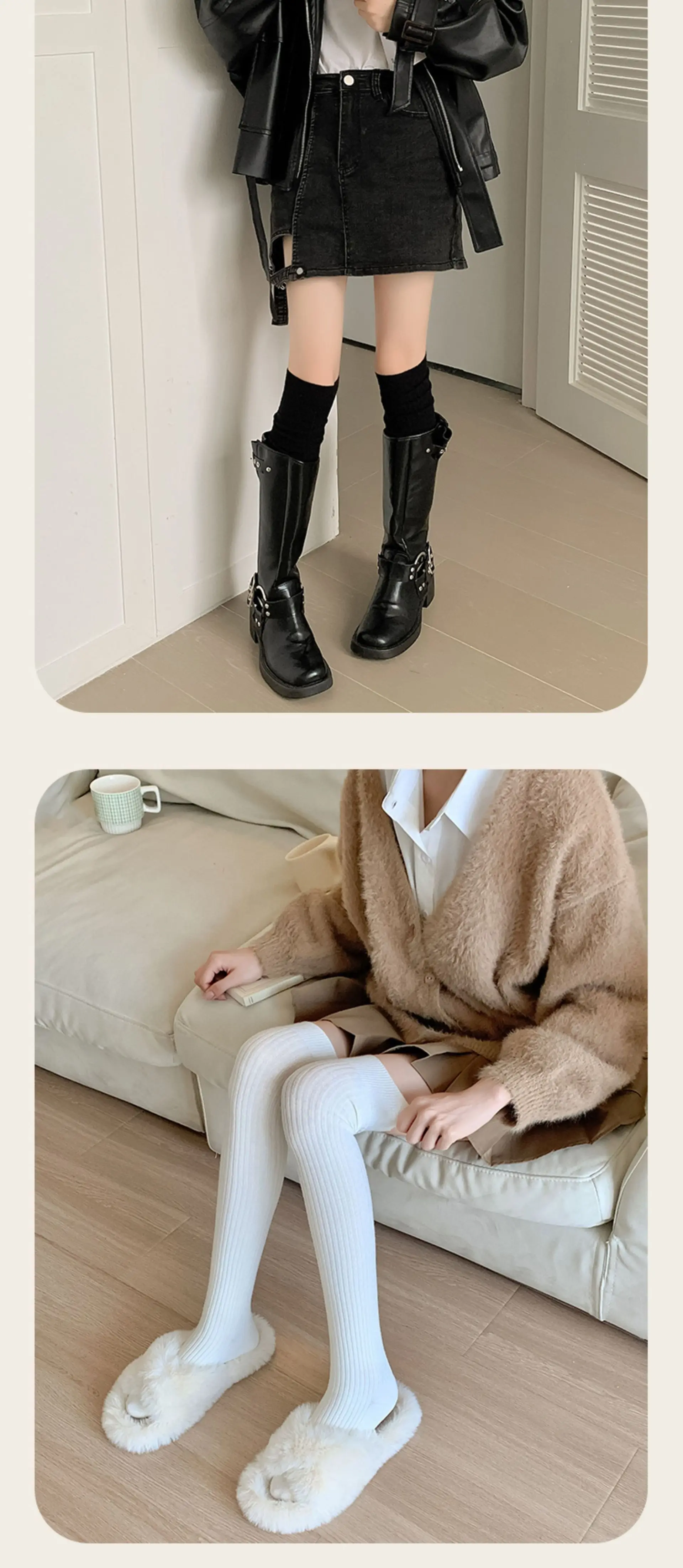 SP&CITY JK Y2K Gestreifte Knie-Wollsocken für Damen, einfarbig, Doppelnadel, dicke Wintersocken, atmungsaktive Baumwolle, hohe Röhrensocke – Detail 5