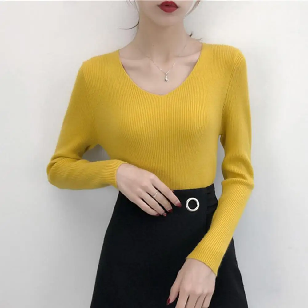 

Solid Color Knit Top Women's V-neck Ribbed Base Layer Shirt Soft Stretch Long Sleeve Thermal Undershirt for Fall Winter Slim Fit