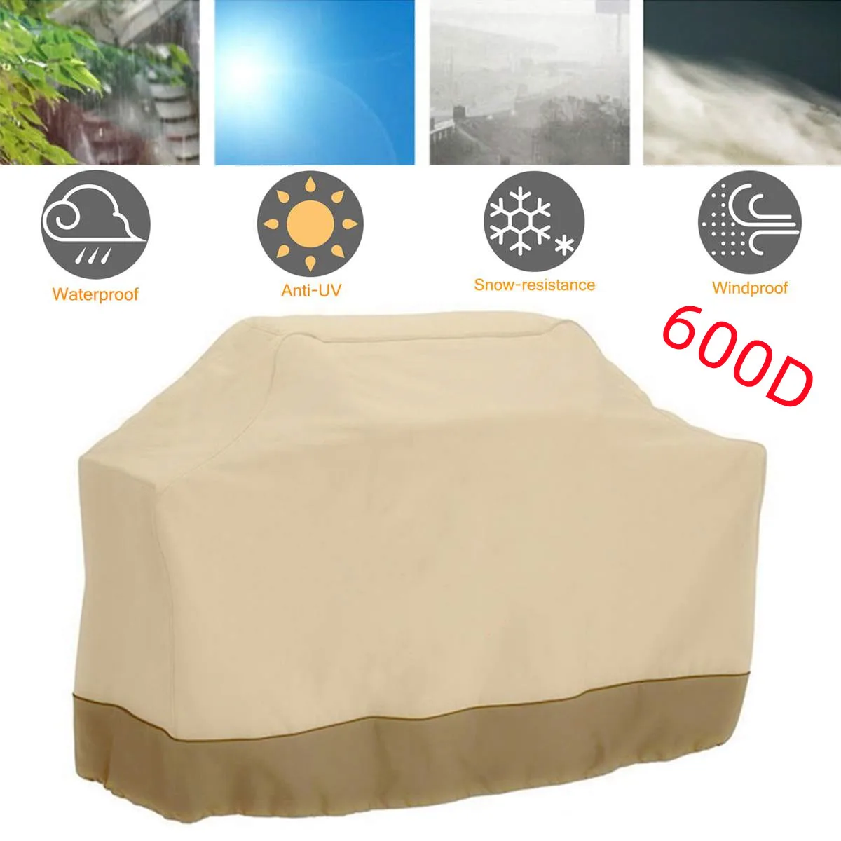 

145cm/170cm BBQ Grill Cover 600D Oxford Cloth BBQ Cover Beige Outdoor Waterproof Oven Dust Cover Garden Rain Gas Charcoal Hood