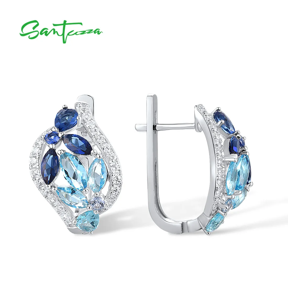 SANTUZZA 925 Sterling Silver Clip Earrings For Women Marquise Colorful Blue Stone White CZ серьги Latch Back Gifts Fine Jewelry