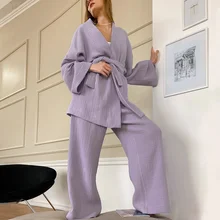 

Autumn French Loose Nightgown 100% Cotton Women's Robe Pajama Sets Flare Trouser Suits Woman 2 Pieces Gauze Bathrobe Wholesale