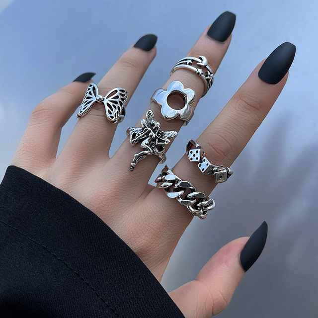 Punk Metal Multi Element Ring Set For Women Men Antique Silver Butterfly Snake Skull Finger Rings Gothic Jewelry Gift