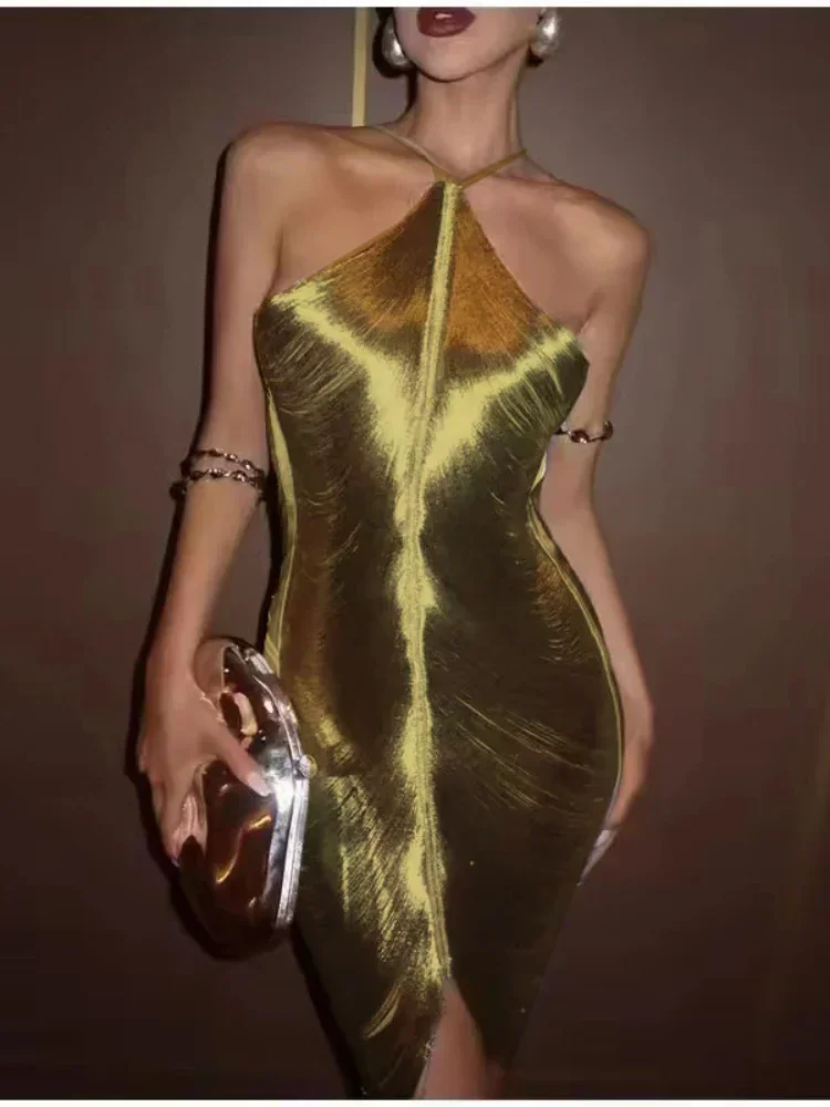 

Sexy Hanging Neck Metallic Short Dress Women Fashion Off Shoulder Backless Shiny Dresses Elegant Female Evening Party Vestidos