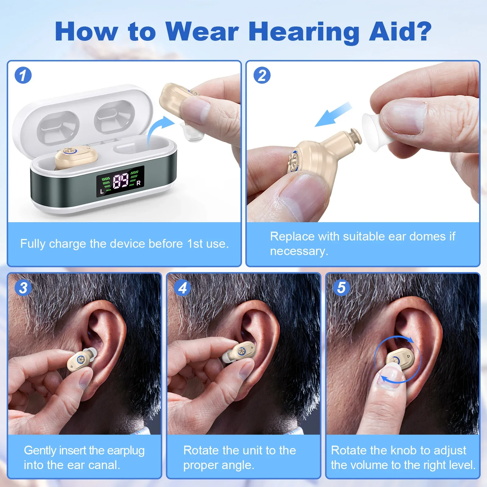 CIC Rechargeable Noise Reduction Hearing Aid for the Elderly Magnetic LCD Display No Howling Hearing Aids Invisible Amplifier 6