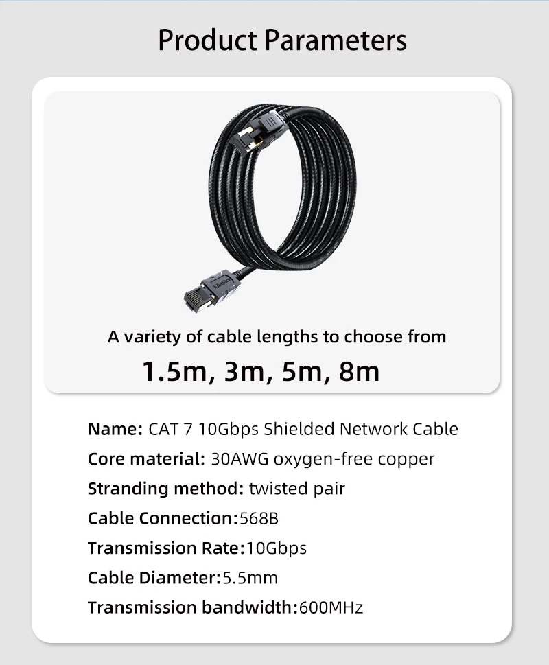 Xike 10G CAT 7 이더넷 케이블 안정적인 전송 10Gbps 고속 30AWG 차폐 이더넷 RJ45 네트워크 케이블 1.5m, 3m, 5m, 8m