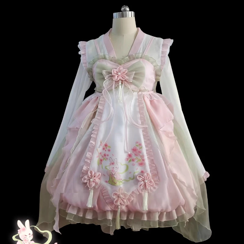Sweet Lolita Princess Dress Women Cute Cartoon Rabbit Print Flower Ruffles Party Dresses Chinese Hanfu Style Kawaii Lolita Sets