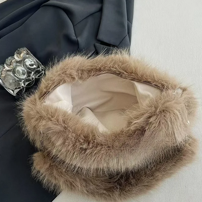 Luxurious Faux Fur Tote Bag Chic Underarm Shoulder Bag Stylish Handbag & Purse with Pearl Chain Strap, Polyester Lined Interior