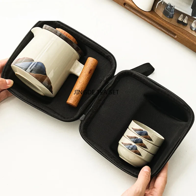 Mountain and River Grass Grey Tea Set 1 Pot 3 Cups Camping Travel Tea Set Portable Handbag Tea Accessories