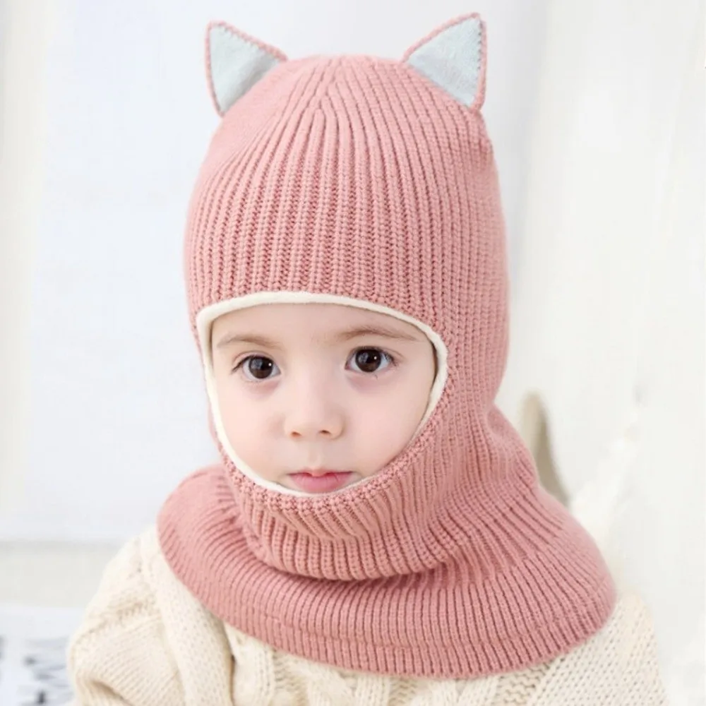 Keep Warm Winter Balaclava Hats Solid Color Thickened Knitted Baby Hats Comfortable Soft Fabric Warm Fleece Hats Cold Weather