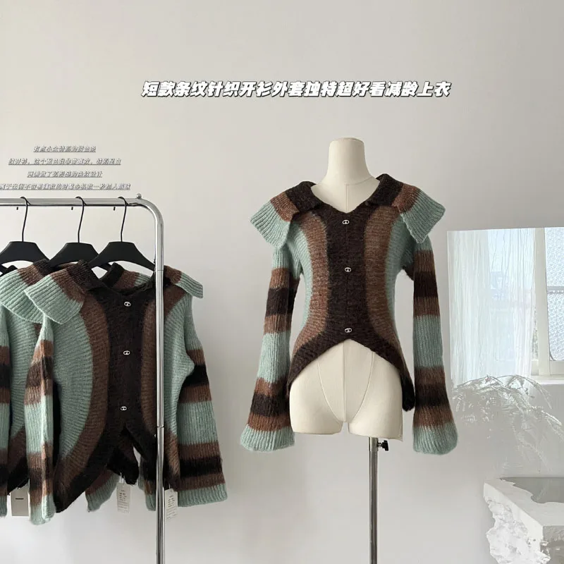 

Винтажный свитер в цветную полоску Y2K, Женский Осенний теплый сексуальный свитер с разрезом, удобный кардиган, свитер