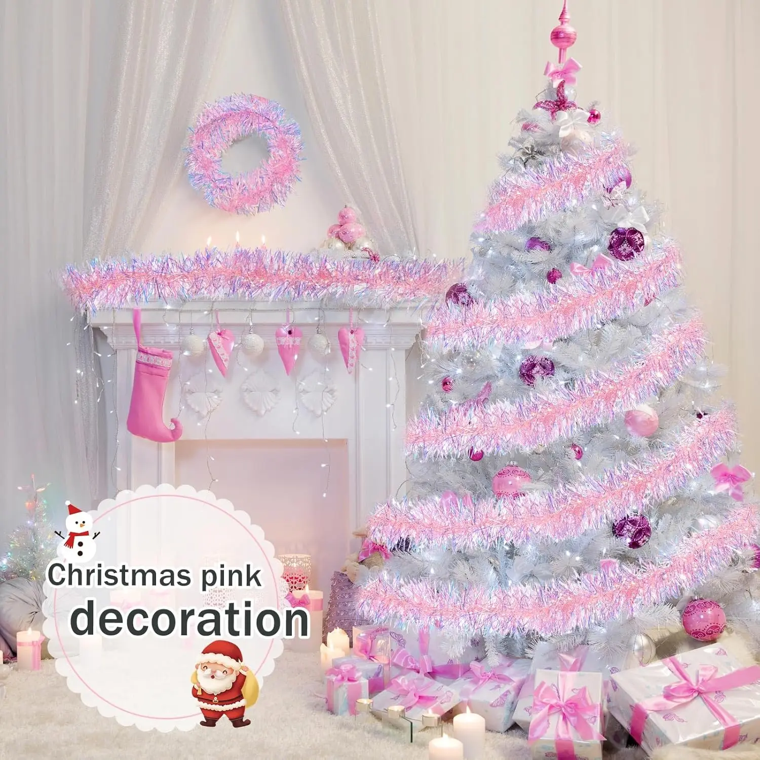 2m Christmas Pink Tinsel Garland Shiny Metallic Glitter Party Decoration for Christmas Valentine Wedding Birthday Decoration