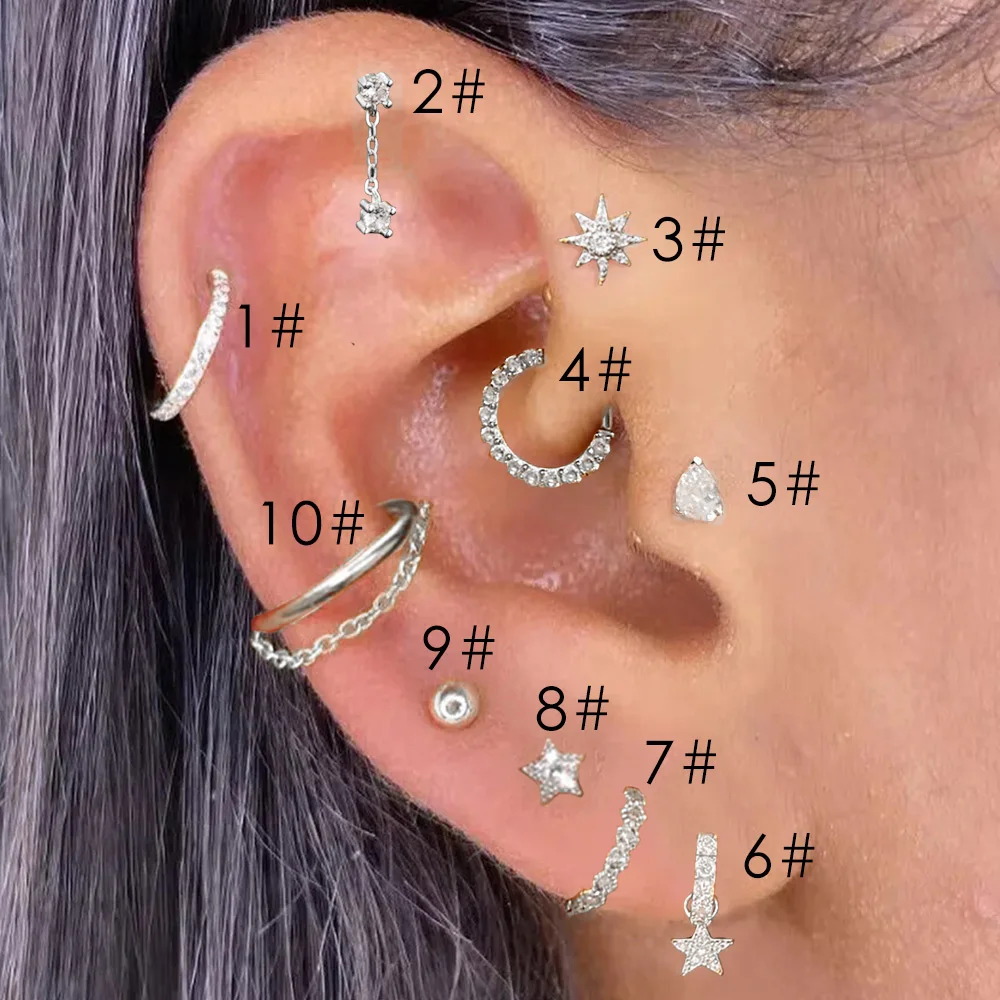 1pc Stainless Steel Helix Daith Earrings for Women Star Clicker Ring With Chain Lobe Tragus Snug Ear Piercing Earings Jewelry